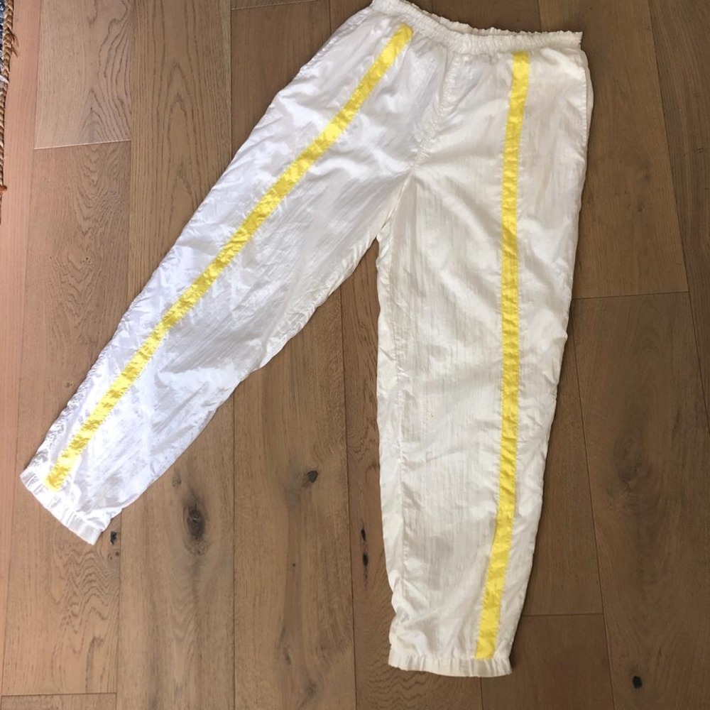 1990 track suit nylon crinkled white pants with yellow stripes